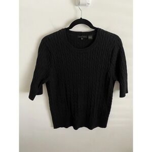 Jeanne Pierre Black Cable Knit Sweater Short Sleeve 100% Cotton Crew Neck XL